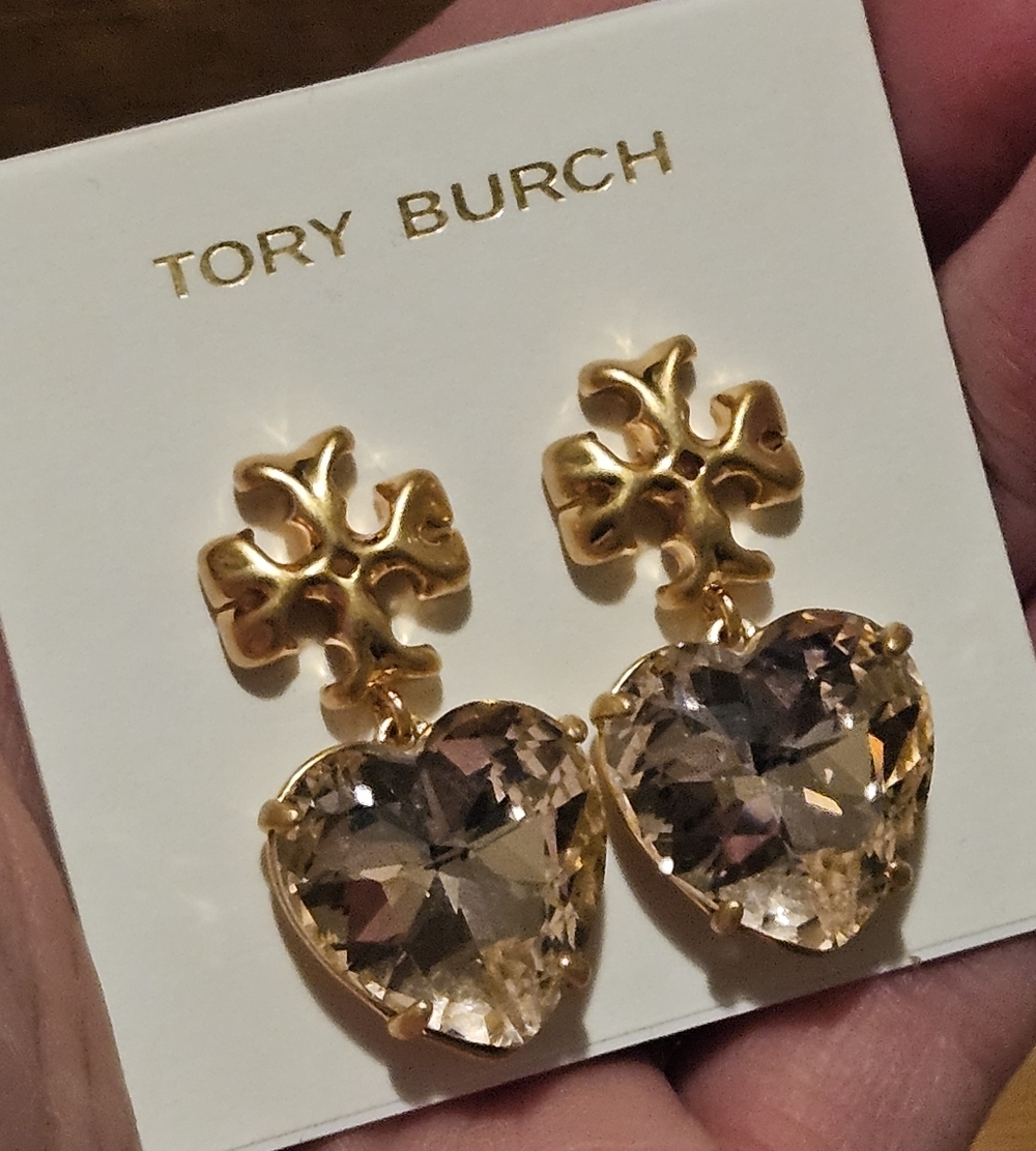 LOW START Tory Burch Gold and Pink Faceted Heart Earrings - Picture 3 of 8